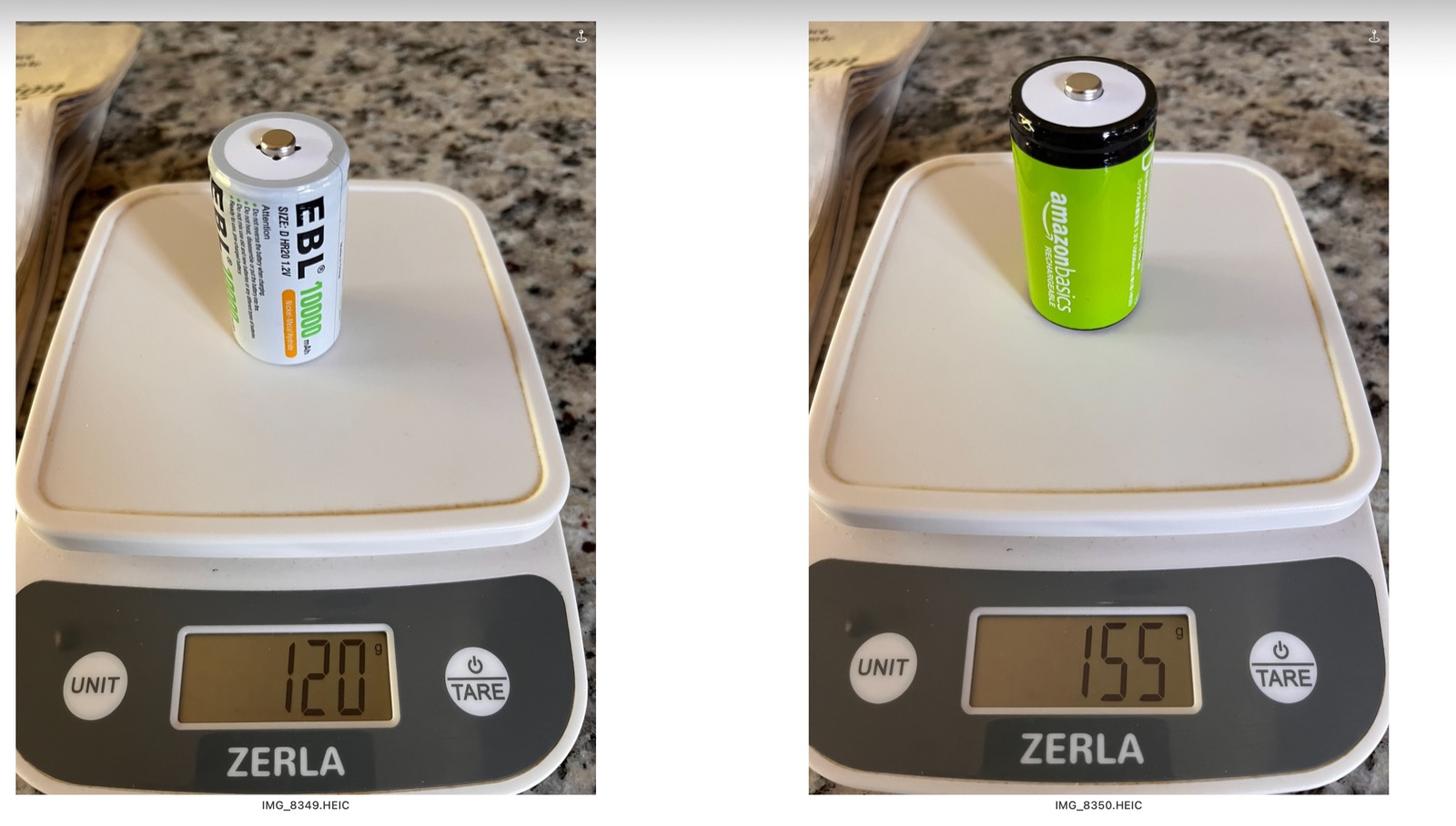 Two images of a D-cell battery on a kitchen scale. EBL weighs 120g, Amazon Basics 155g